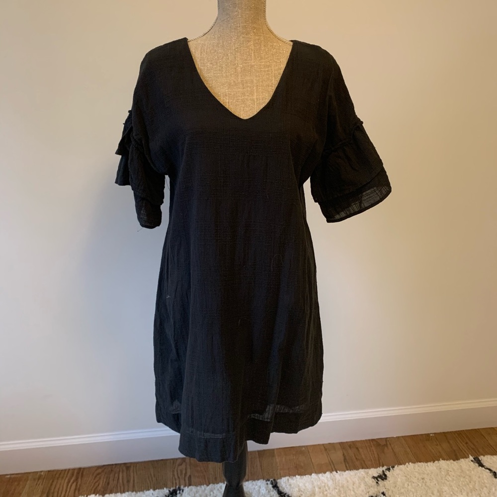 Dark Grey Ruffle Sleeve Linen Dress
